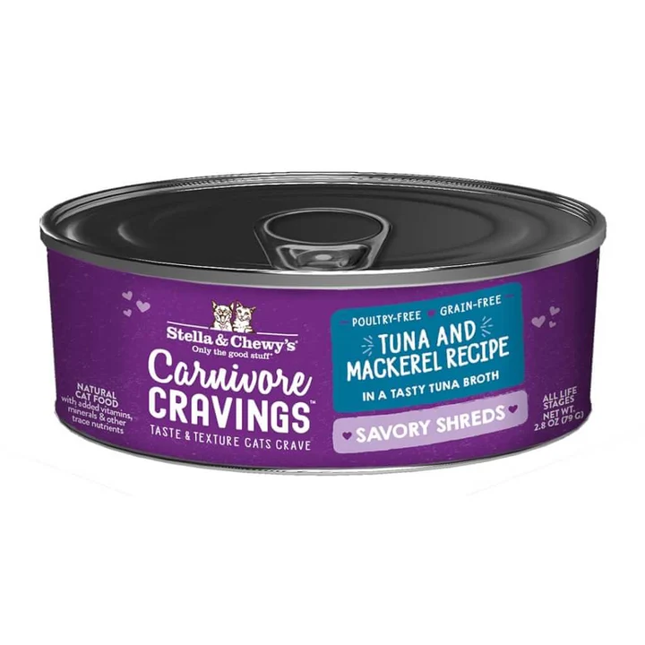 Carnivore Cravings Savory Shreds Tuna & Mackerel Recipe for Cats