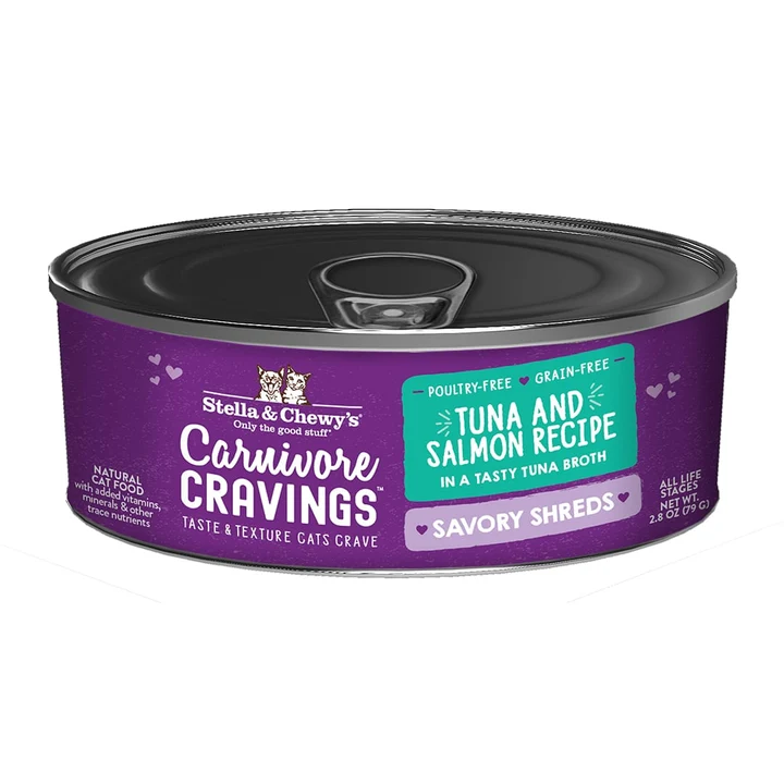 Carnivore Cravings Savory Shreds Tuna & Salmon Recipe for Cats